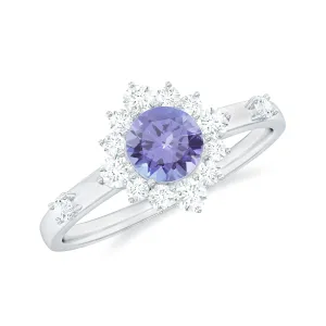 1 CT Round Tanzanite and Diamond Halo Engagement Ring