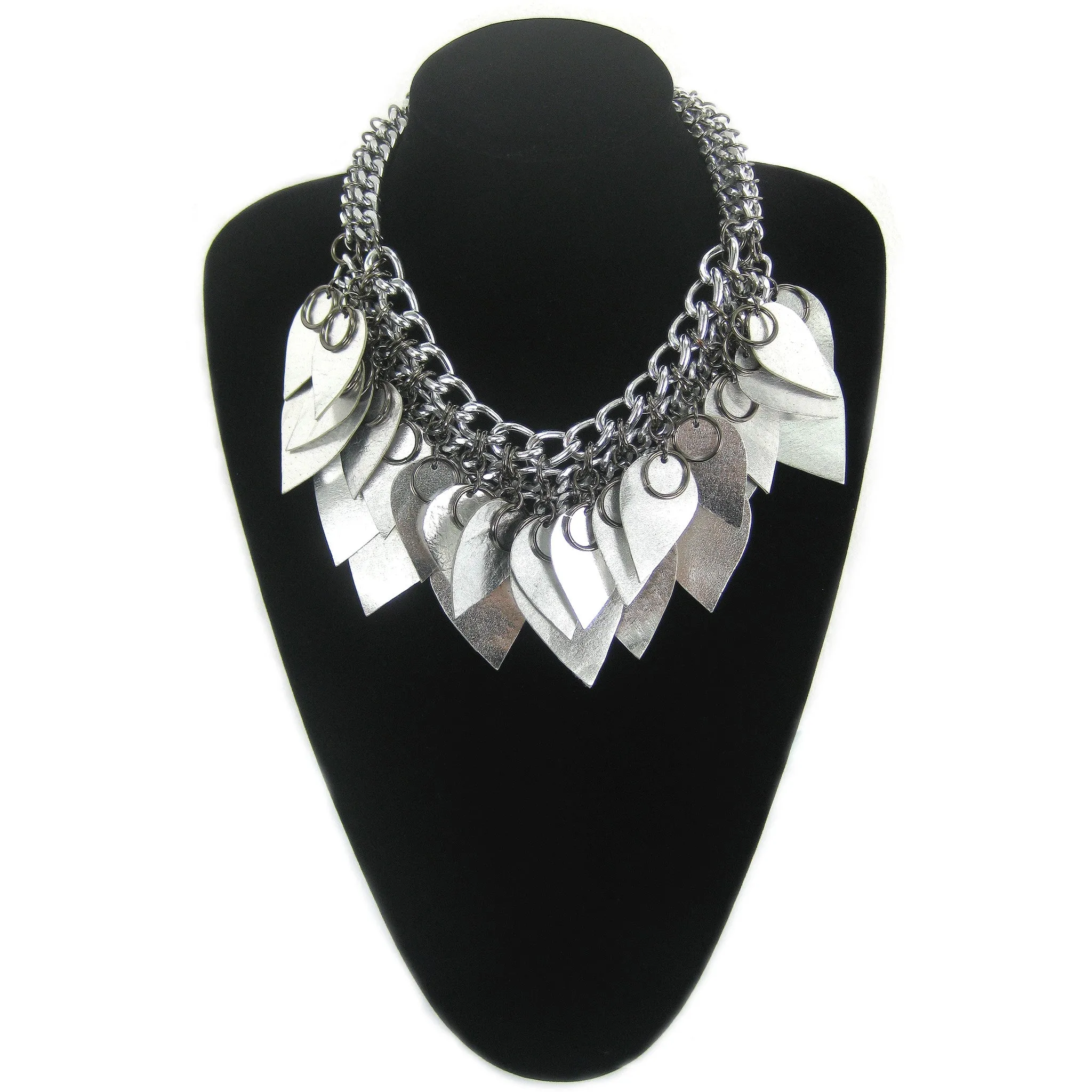 #1011n Chain Mail Bib Necklace with Silver Leather Scales & Gunmetal Rings