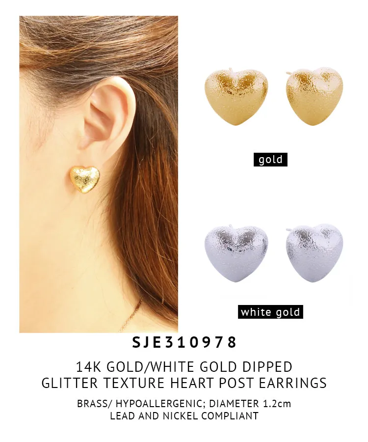 14K Gold Dipped Glitter Texture Heart Post Earrings