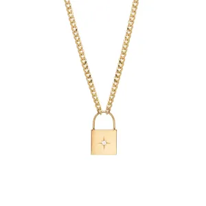 14k Large Padlock with Star Set Diamond Curb Chain Necklace