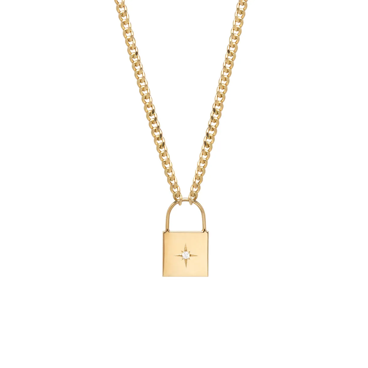 14k Large Padlock with Star Set Diamond Curb Chain Necklace