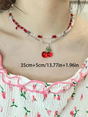 1pc Summer Cherry Candy Fashionable Cute Alloy Pendant Necklace For Women Casual