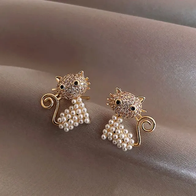 2021 New Cute Animal Stud Earrings for Women Temperament Horse Kitten Owl Pearl Rhinestone Earring Girls Birthday Party Jewelry