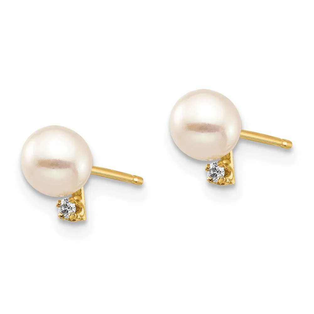 4MM Round Pearl and Diamond Stud Earrings in 14KT Yellow Gold