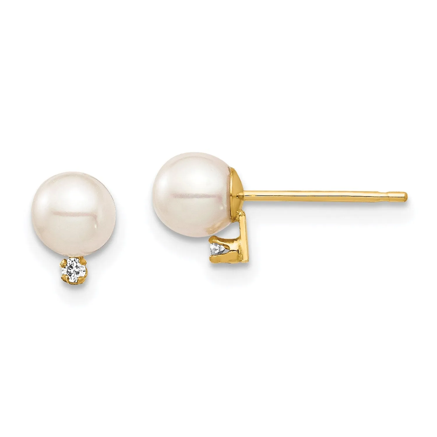 4MM Round Pearl and Diamond Stud Earrings in 14KT Yellow Gold