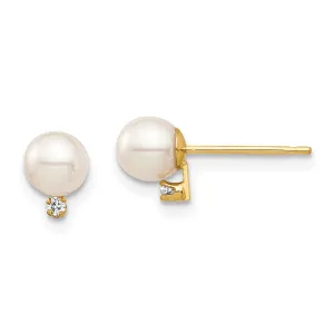 4MM Round Pearl and Diamond Stud Earrings in 14KT Yellow Gold