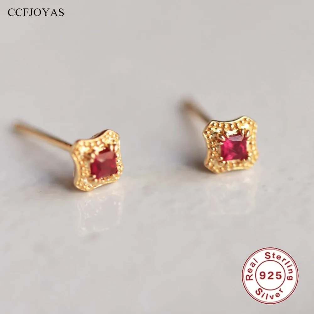 925 Sterling Silver Stud Earrings Charm Jewelry - Red Square Zircon - Xm373