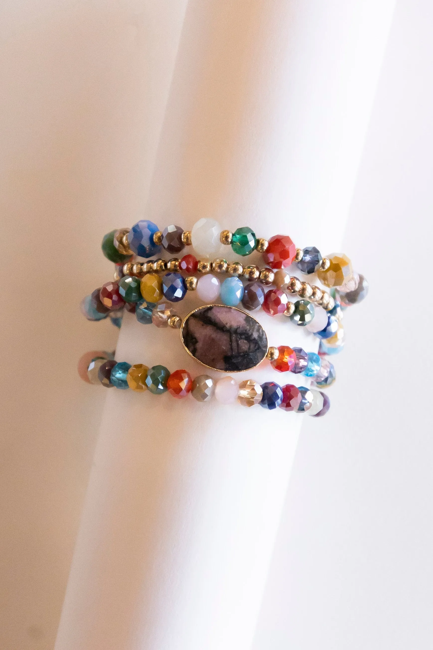 Alice Beaded Bracelet Stack | Boho Layering Bracelets | 4 Colors | Crystal Gold Natural Stone Beads