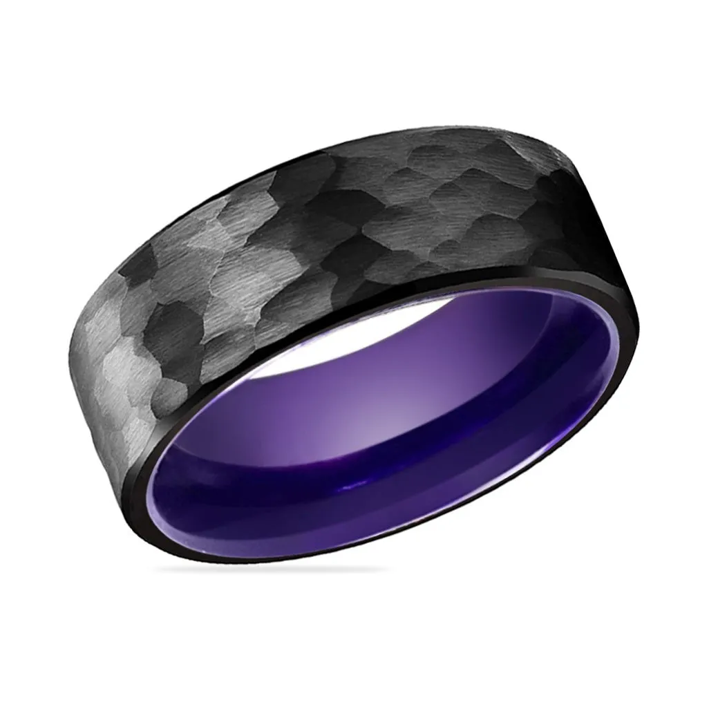 ALLIUM | Purple Ring, Black Tungsten Ring, Hammered, Flat