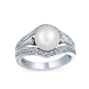 Art Deco Silver Ring with Freshwater Pearl and Pave Triple Split Band Sterling Silver