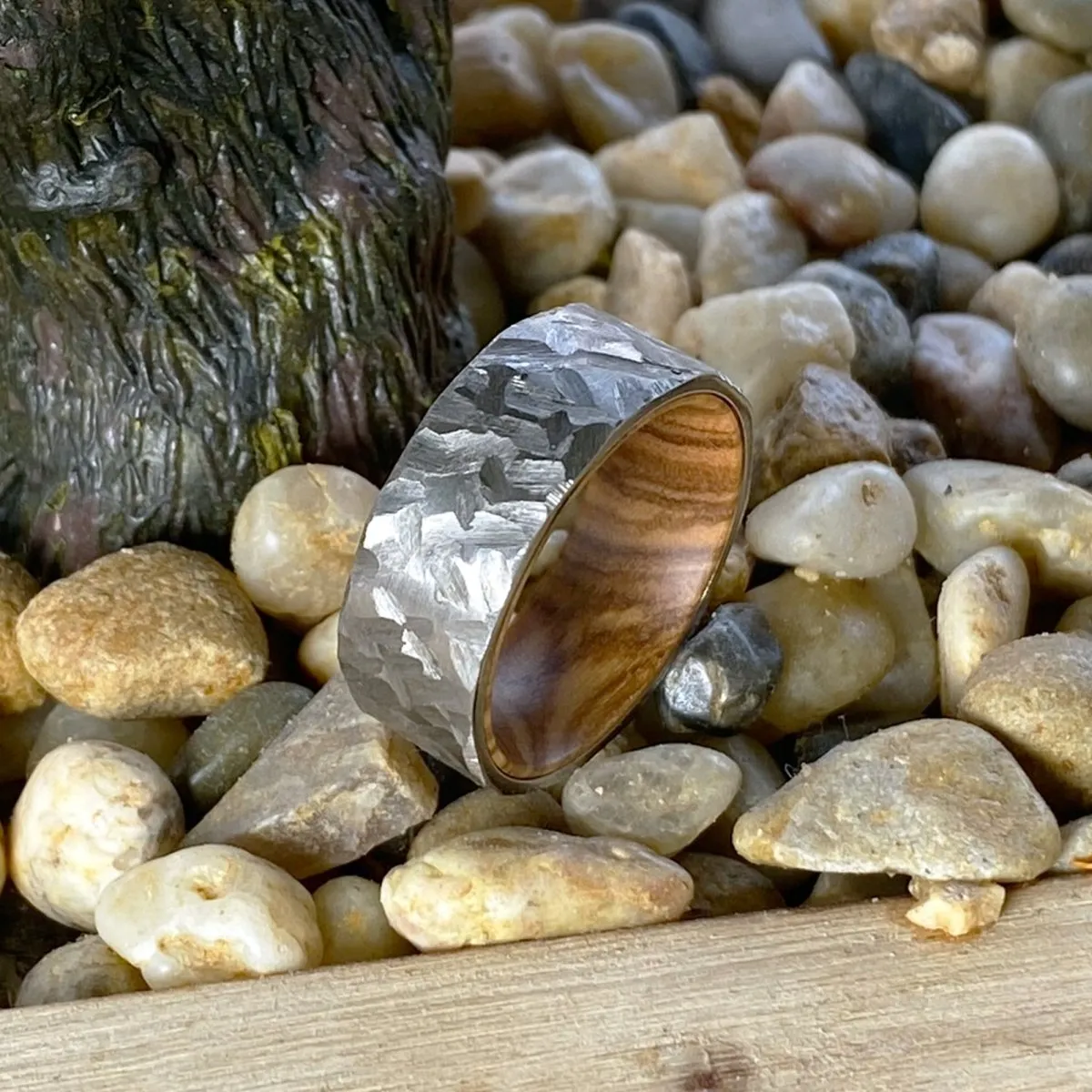 ASPEN | Olive Wood, Silver Titanium Ring, Hammered, Flat