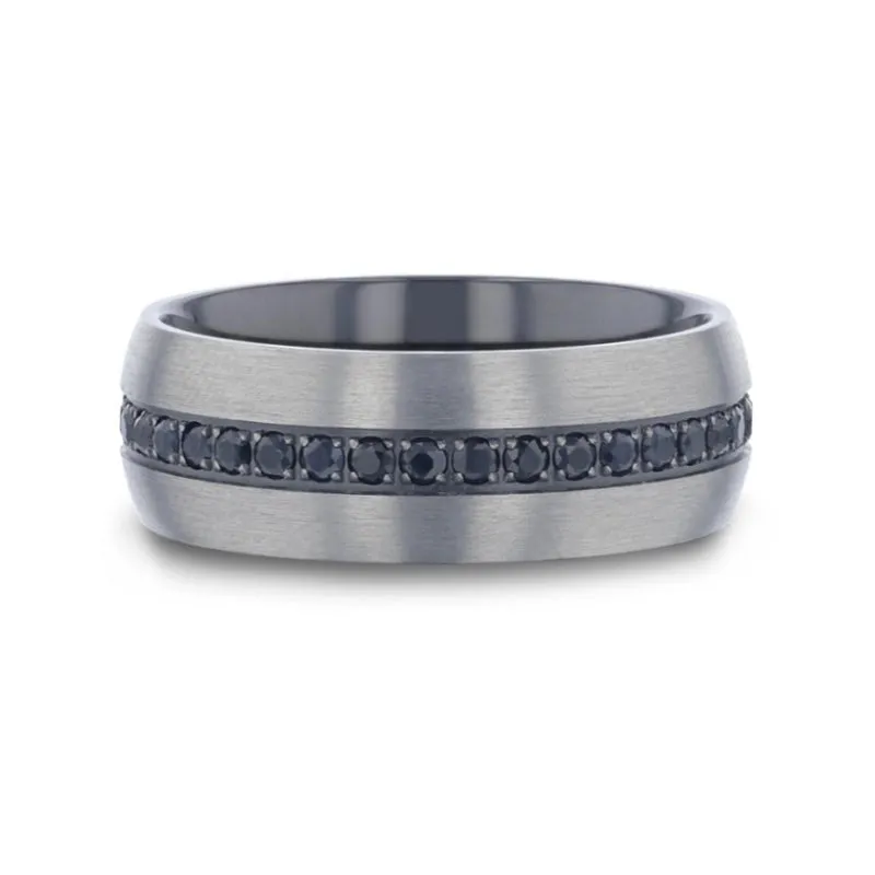 AVIATOR | Silver Titanium Ring, Black Sapphire Stones Inlay, Domed