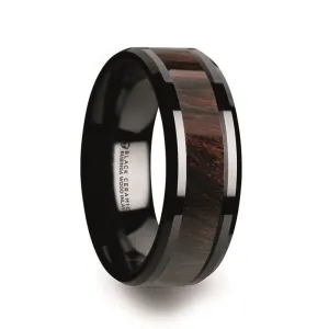 BENNY | Black Ceramic Ring, Bubinga Wood Inlay, Beveled