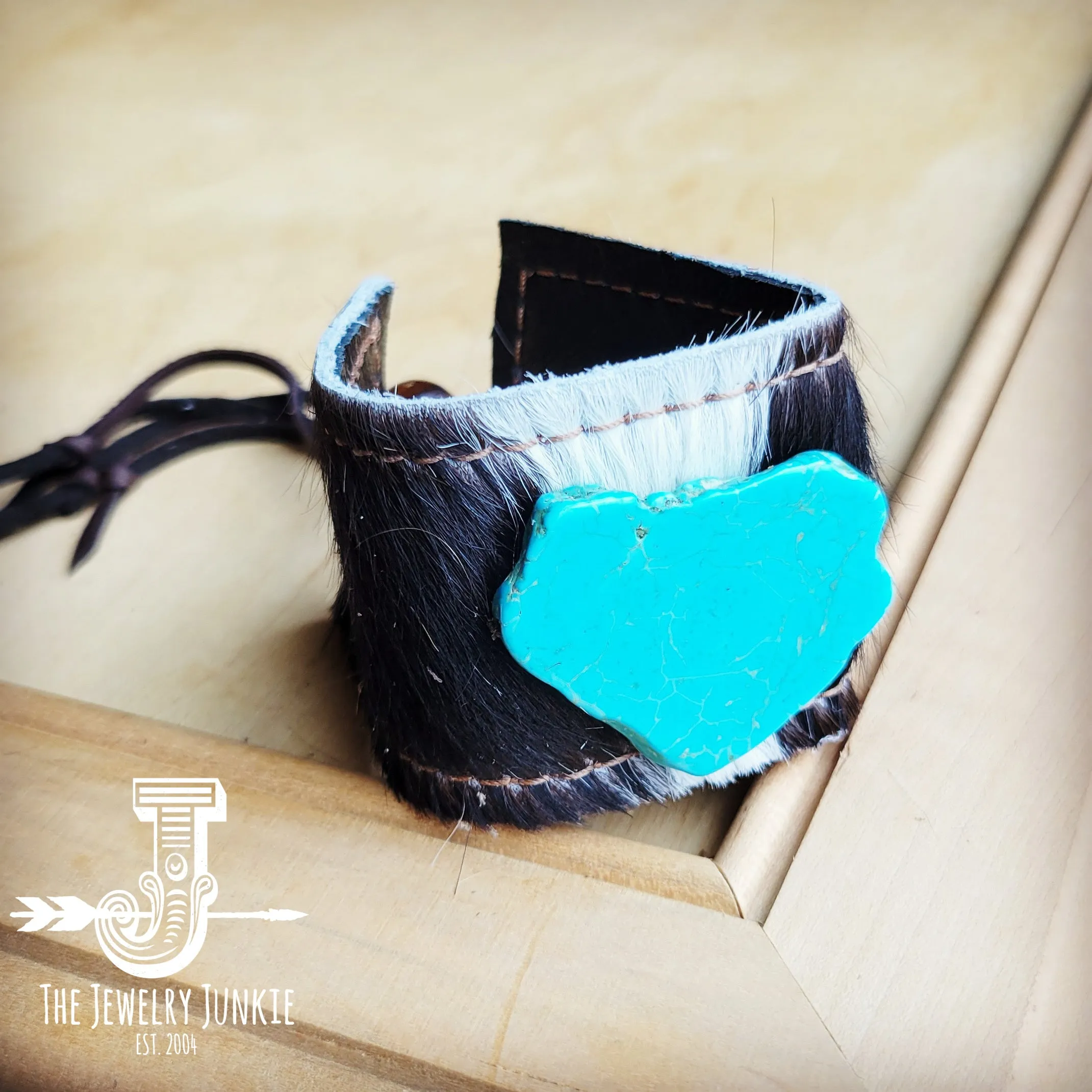 **Black & White Leather Hide Cuff w/ Turquoise Slab 015b