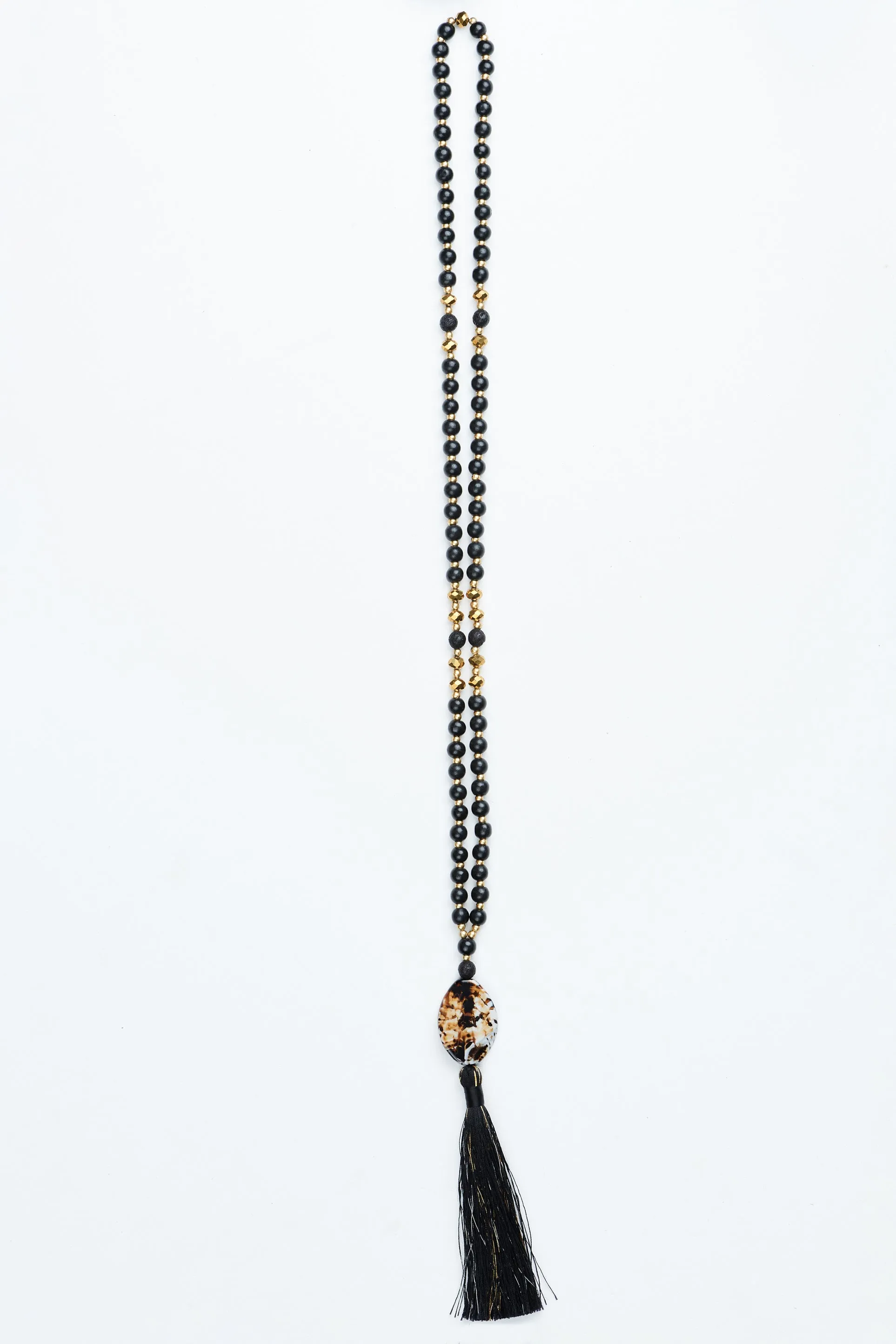 Black and Gold Brown Stone Pendant Tassel Necklace