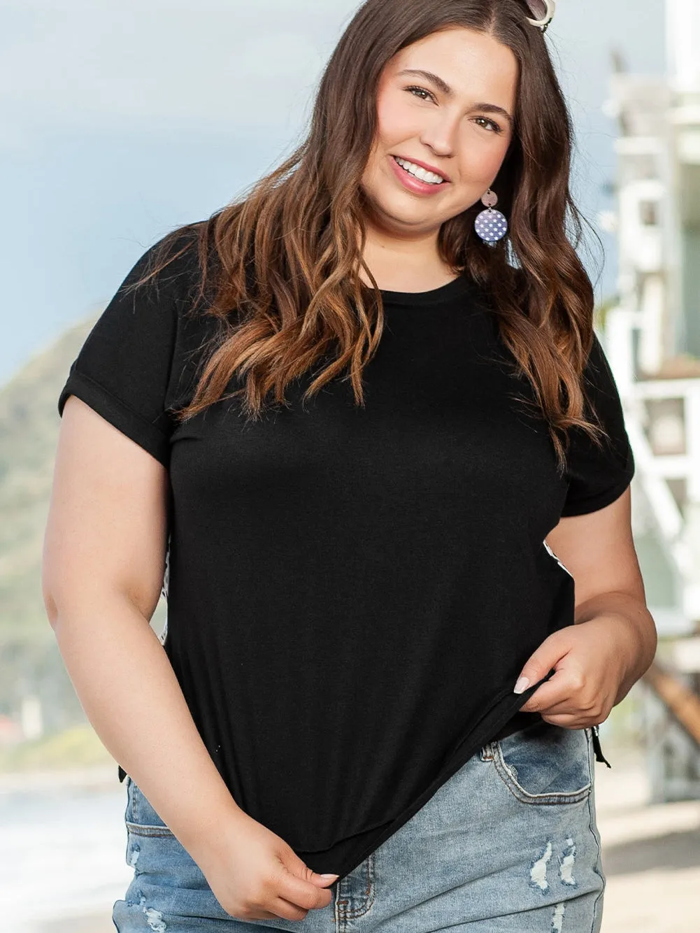 Black Plus Size Cheetah Back Rolled Cuffs T-shirt