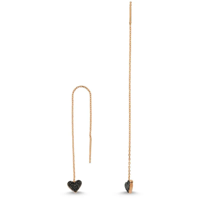 Black Silver Minimalist Heart Threader Earrings