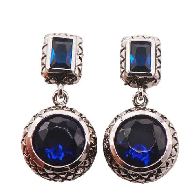 Blue Vintage Sapphire Zircon Crystal Earrings - 925 Sterling Silver