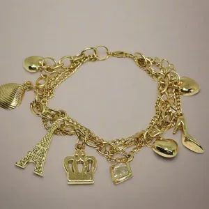 Boho chic Crown & Shell Heart Charm, 10k gold plated Bracelet