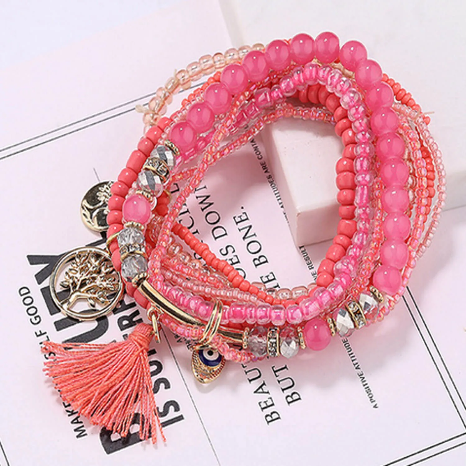 Boho Stacking Bracelets in Pink