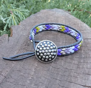 Bracelet, Boho Style of Black Leather and Seed Beads