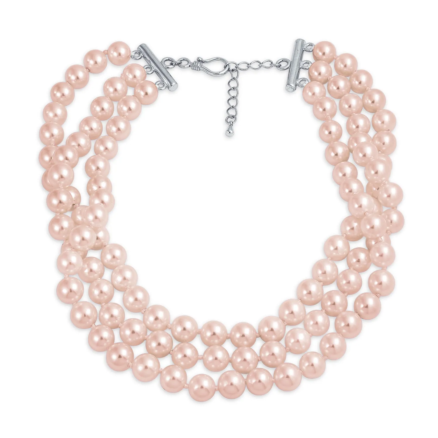 Bridal Necklace Hand Knotted 3-Row Grey Pink White Pearl Strand Choker Collar