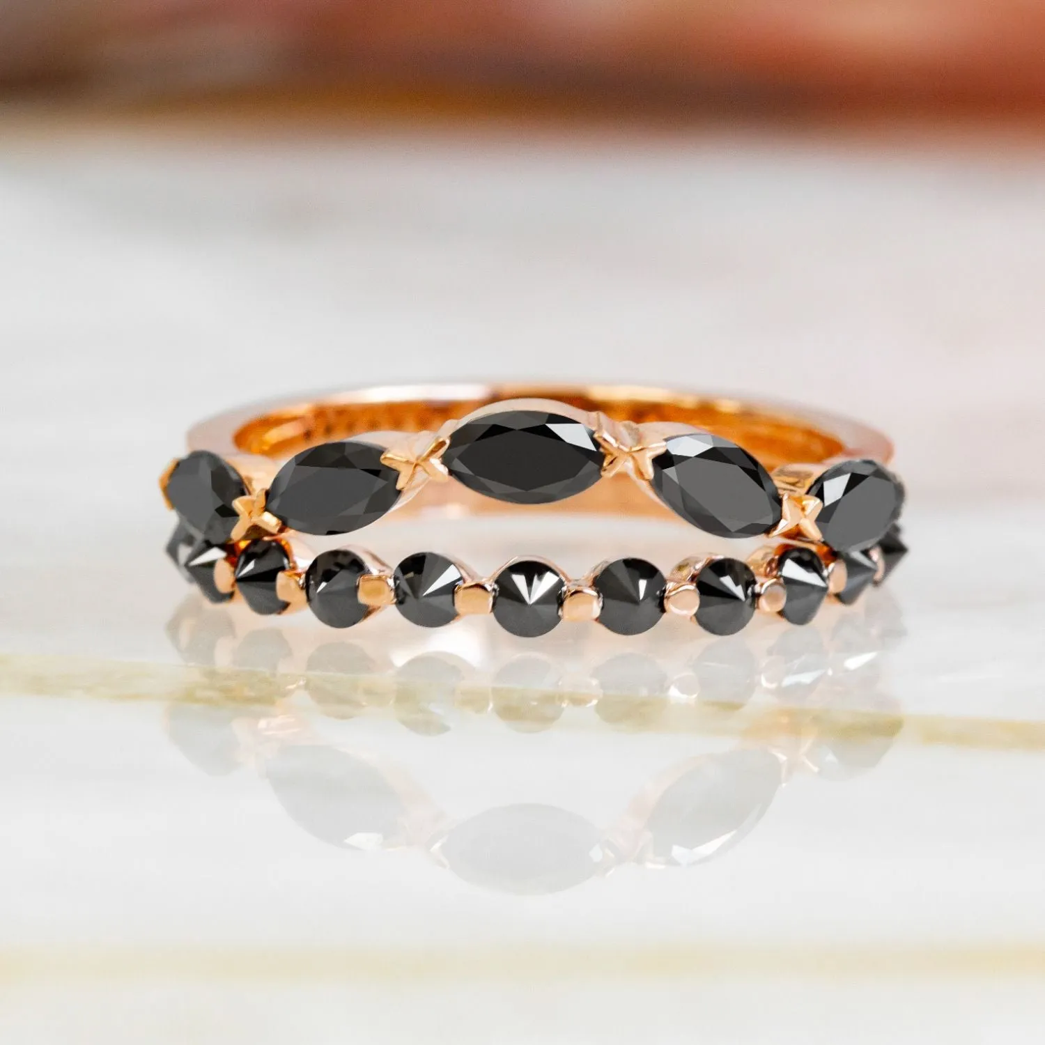 Calabash Unique Wedding Ring with  Cut Natural Black Diamonds