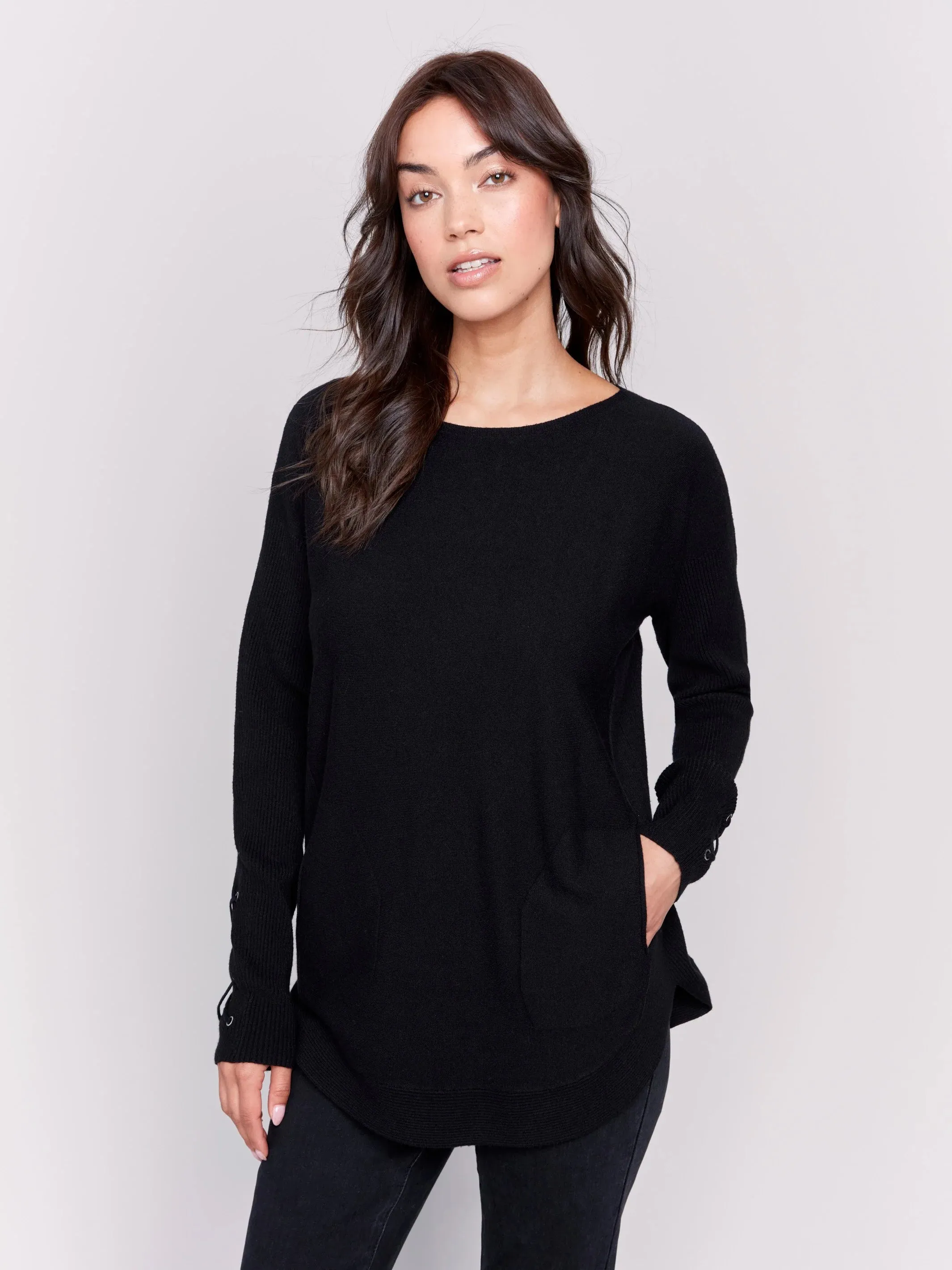 C.B C2380W Knit Sweater with Lace-Up Cuffs