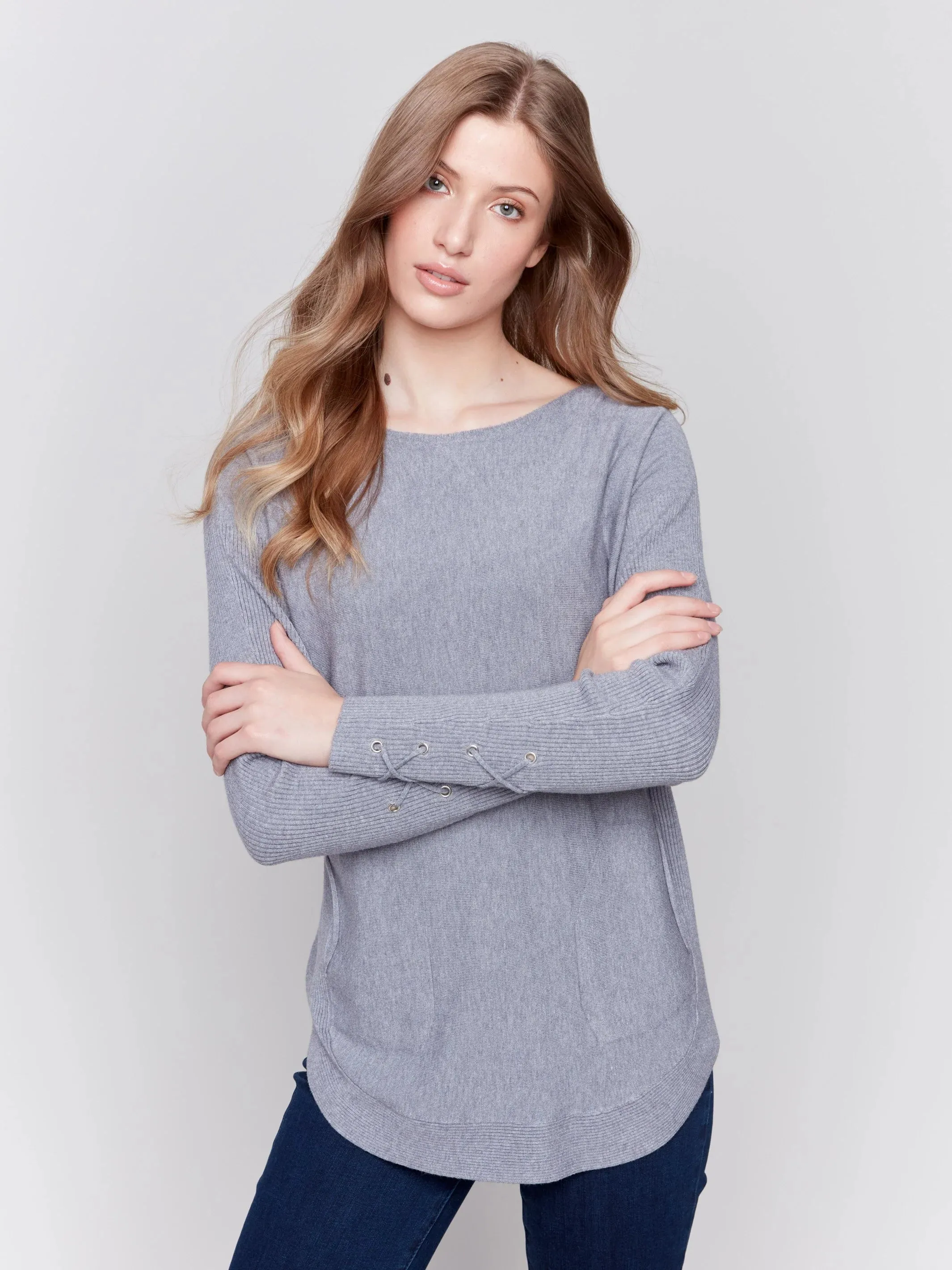 C.B C2380W Knit Sweater with Lace-Up Cuffs