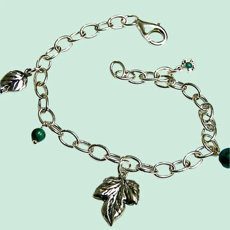 Charms Bracelet, Sterling Silver Bracelets,  Turquoises bracelet , Leaves nature motif