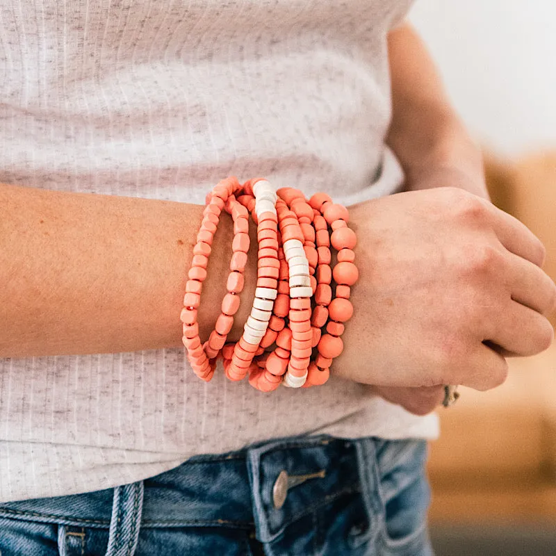 Coral and Cream Wooden Bead Bracelet Set