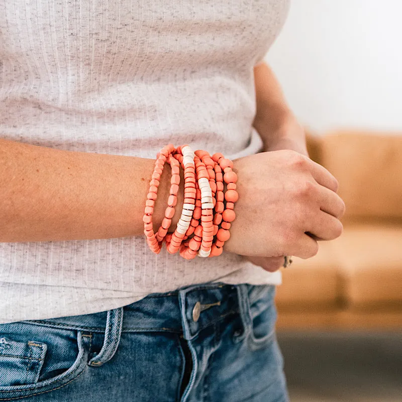 Coral and Cream Wooden Bead Bracelet Set