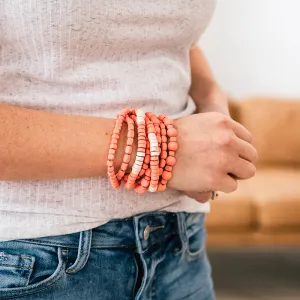 Coral and Cream Wooden Bead Bracelet Set