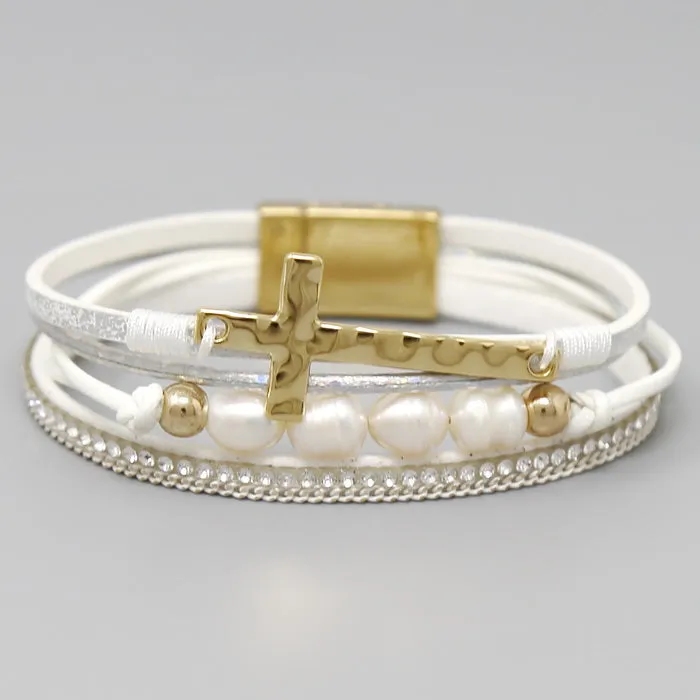 Cross Charm & Pearl Bead Leather Magnetic Bracelet