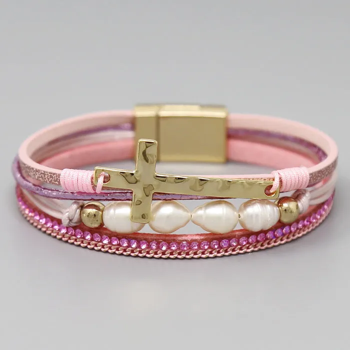 Cross Charm & Pearl Bead Leather Magnetic Bracelet