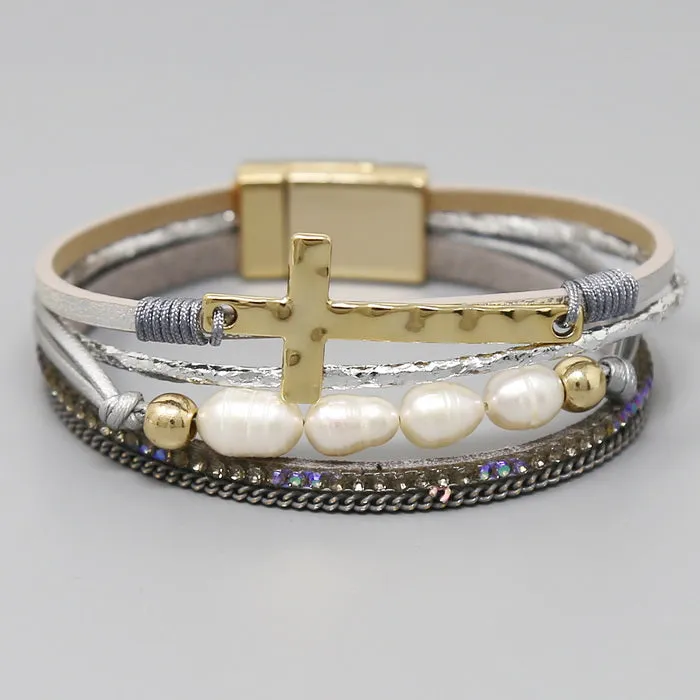 Cross Charm & Pearl Bead Leather Magnetic Bracelet