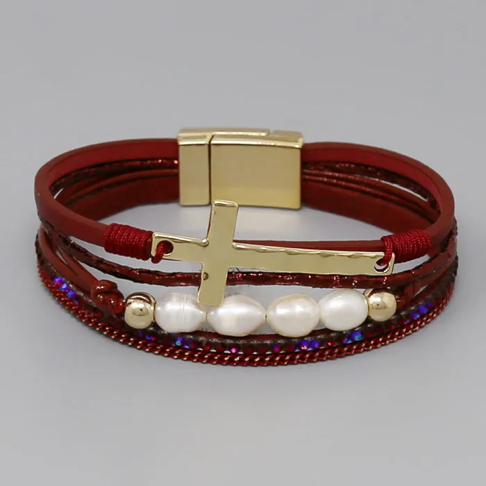 Cross Charm & Pearl Bead Leather Magnetic Bracelet