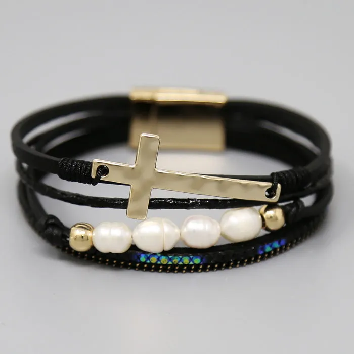 Cross Charm & Pearl Bead Leather Magnetic Bracelet