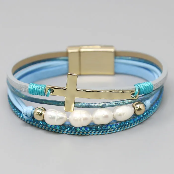 Cross Charm & Pearl Bead Leather Magnetic Bracelet