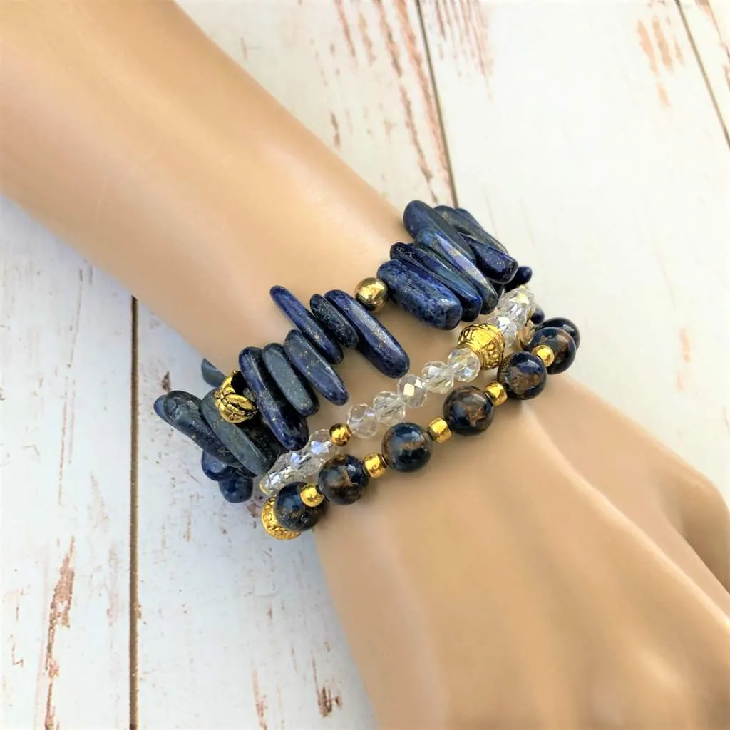 Dark Blue Stone and Gold Speckled Stick Bracelet