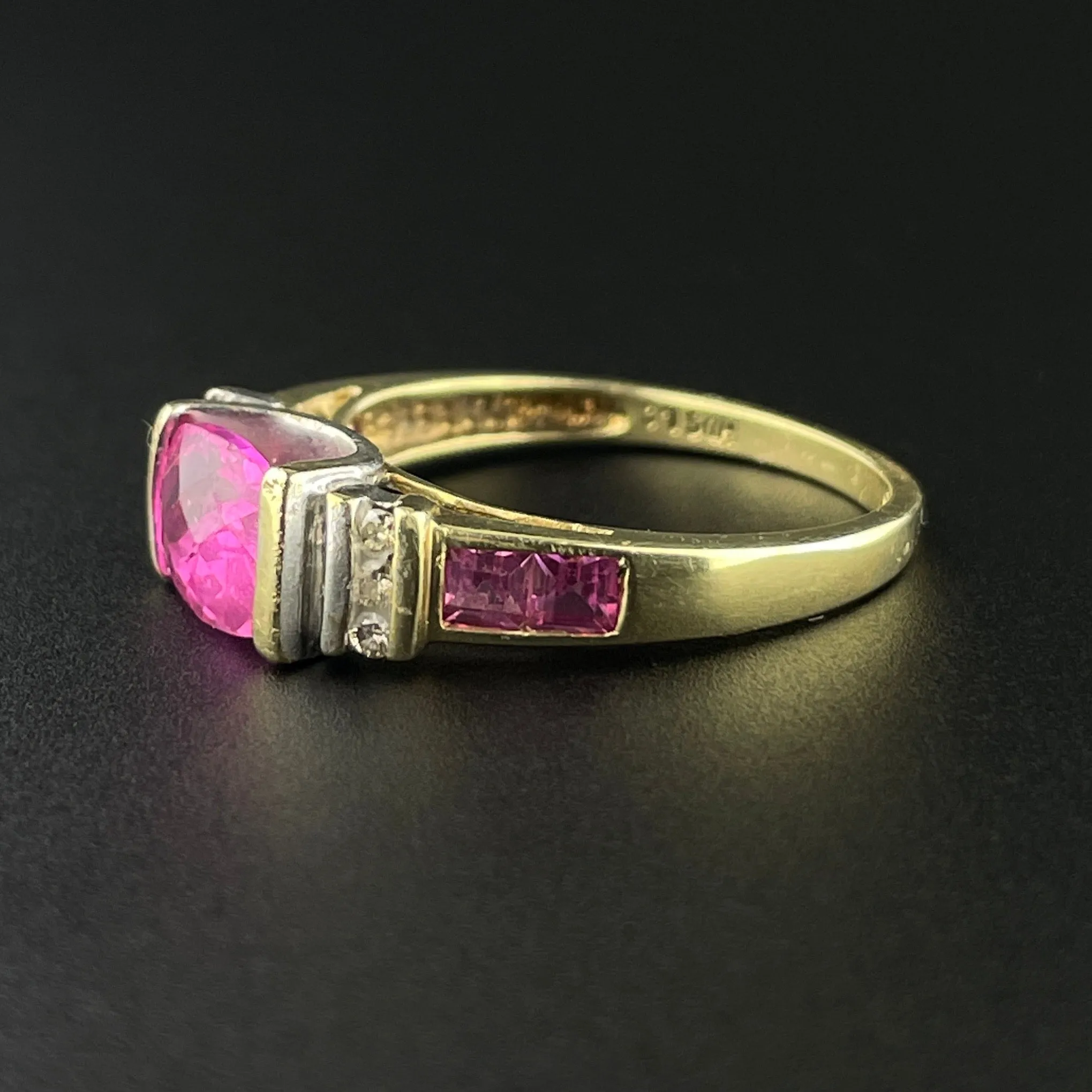 Diamond Checkerboard Cut Pink Sapphire 10K Gold Vintage Ring, Sz 6 3/4