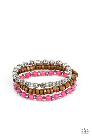 ESCAPADE Route Pink Stone & Wood Bracelet Set - Paparazzi Accessories