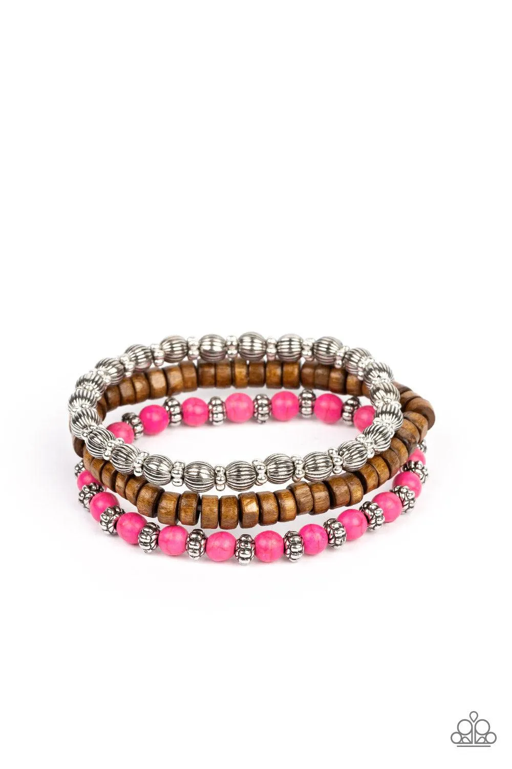 ESCAPADE Route Pink Stone & Wood Bracelet Set - Paparazzi Accessories