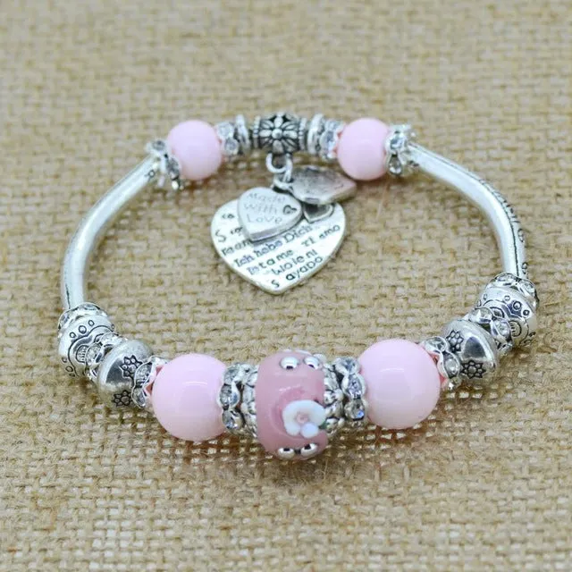 Fashion Silver Plated Jewelry Love Heart Charm Bracelets & Bangles Glass Beads Strand Bracelets for Women 2017 Boho Bohemian