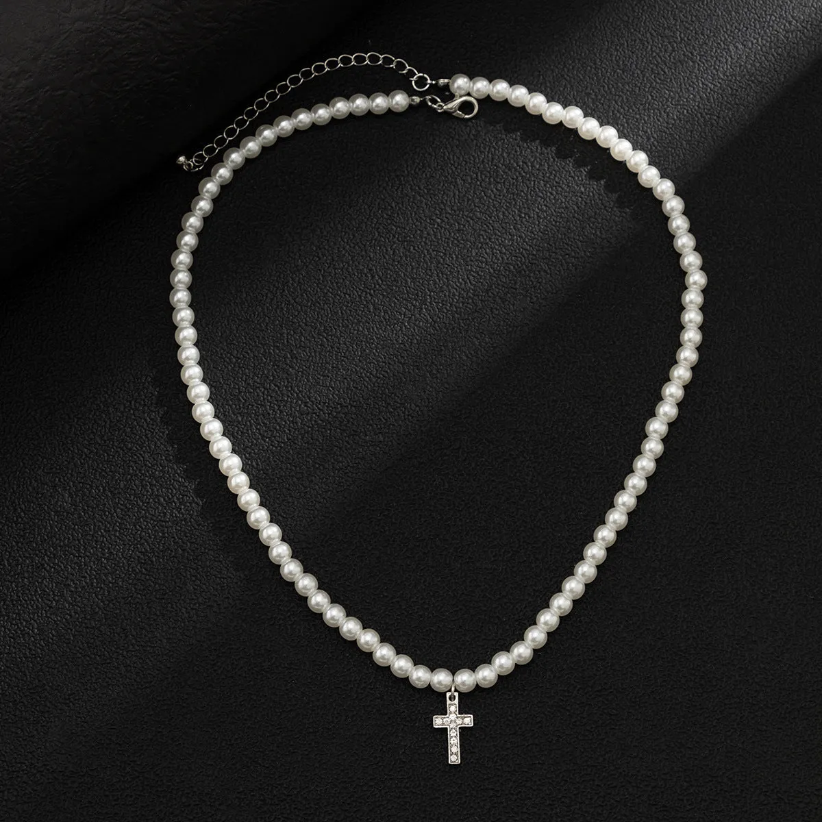 Fashionable simple hip-hop style diamond cross with pearl pendant necklace