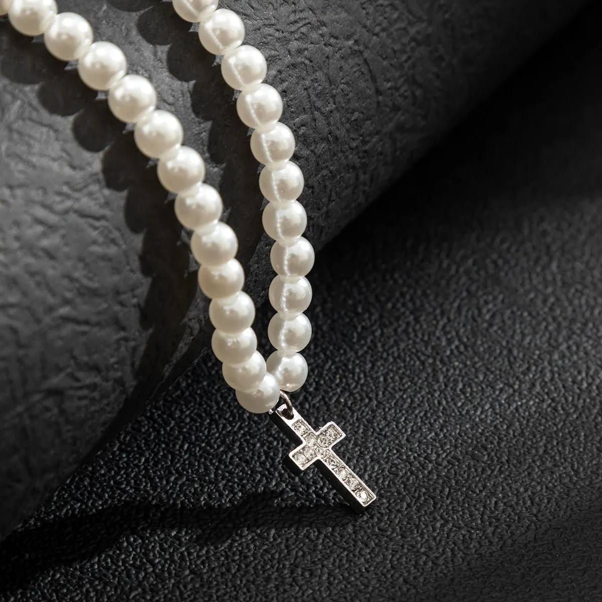 Fashionable simple hip-hop style diamond cross with pearl pendant necklace