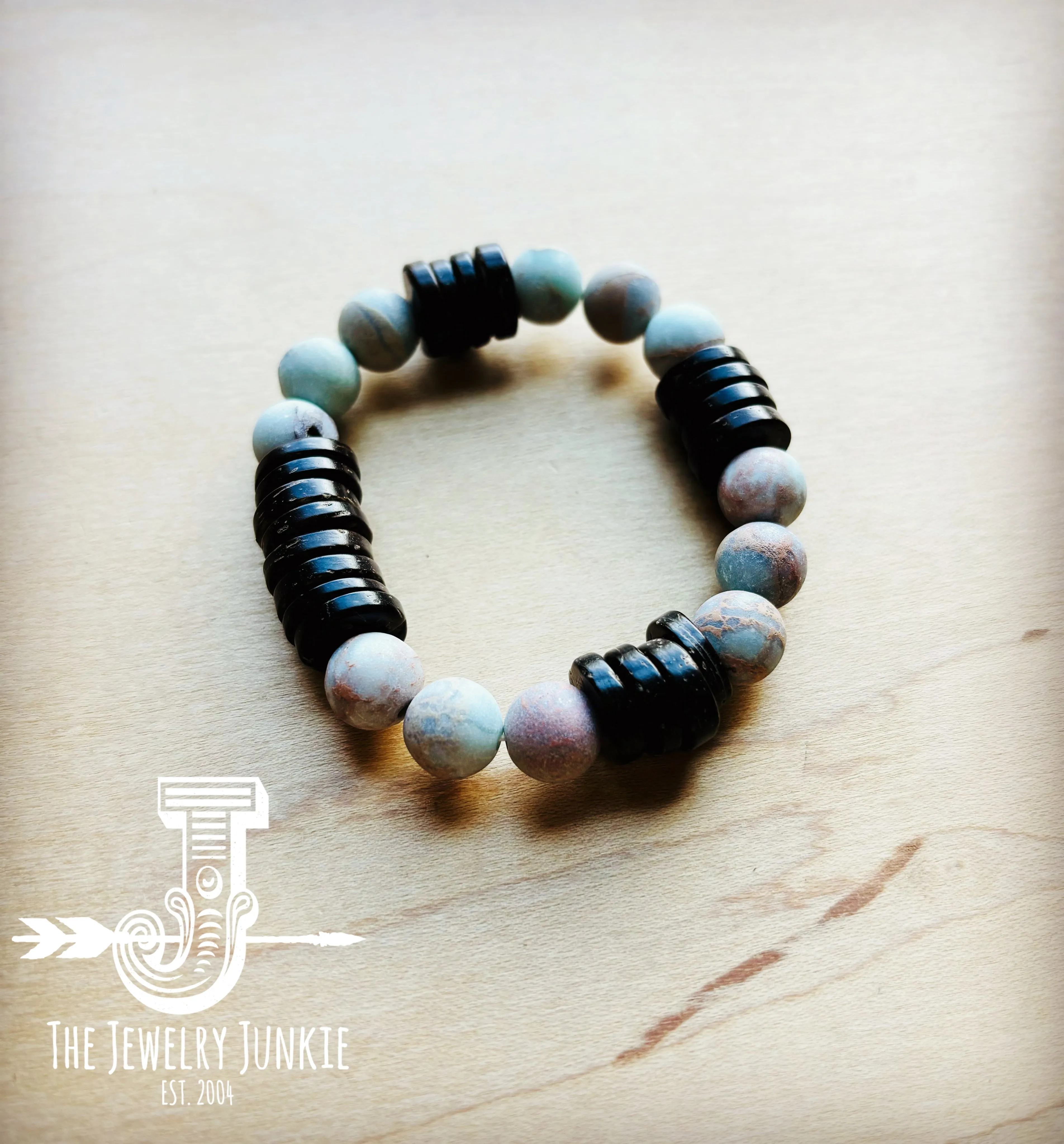 Frosted Aqua Terra and Wood Stretch Bracelet (808y)