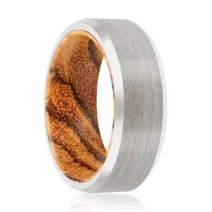 FUDGE | Bocote Wood, Silver Tungsten Ring, Brushed, Beveled