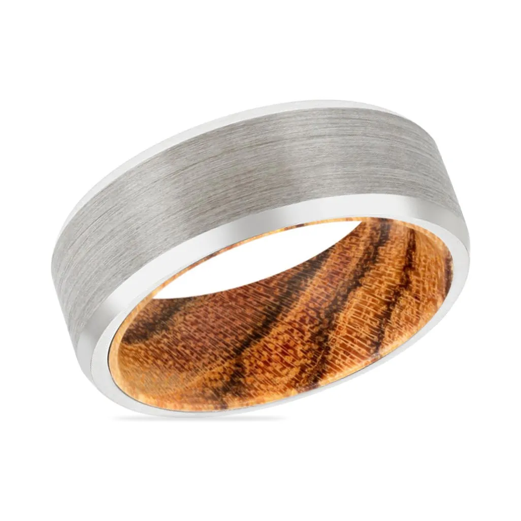 FUDGE | Bocote Wood, Silver Tungsten Ring, Brushed, Beveled