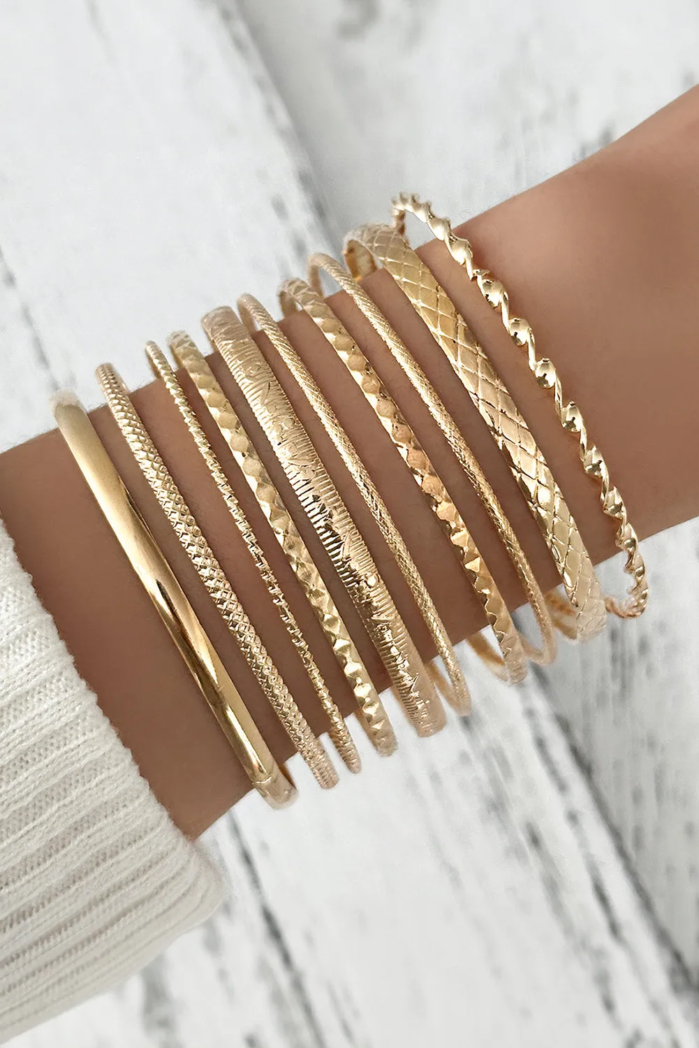 Gold 10pcs Textured Twisted Stackable Alloy Bracelet Set